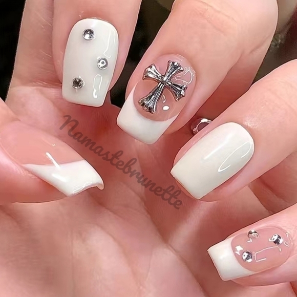 2/$16 Rhinestone Cross French Manicure Press on Nails - Picture 1 of 16